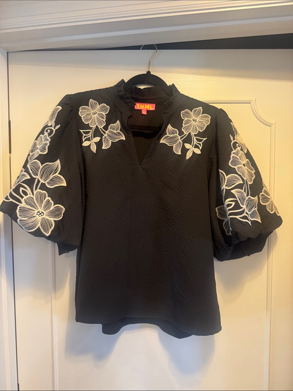 THML Black Puff Sleeve Blouse with White Floral Embroidery